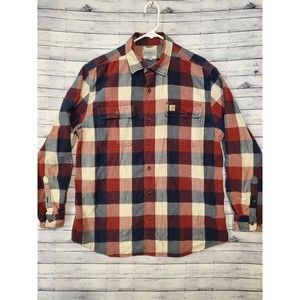 CARHARTT Mens Large Red Blue Plaid Flannel Heavyweight Button Up Work Shirt Sz L